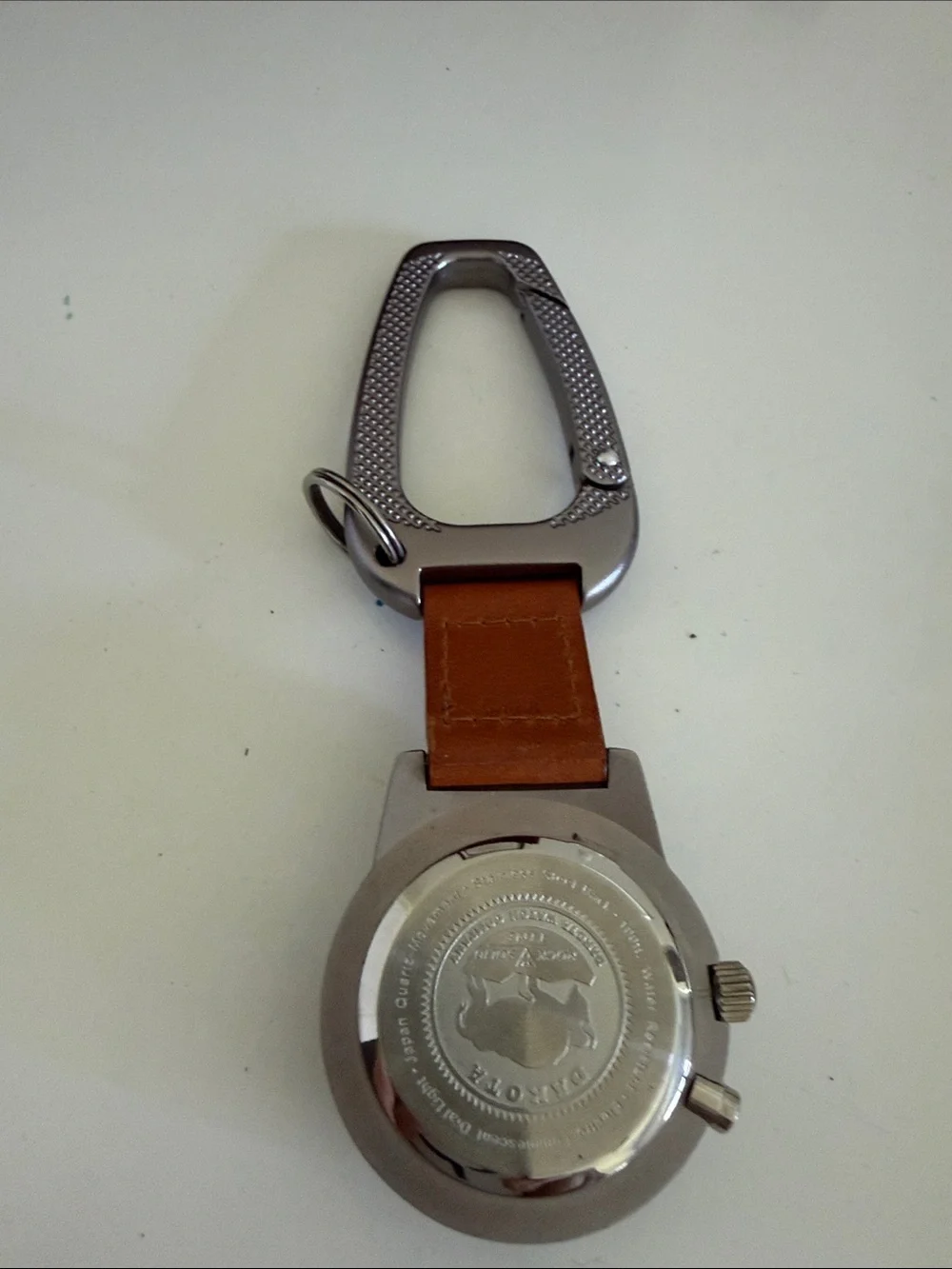 Men's Silver Compass Watch Keychain with Brown Leather Strap